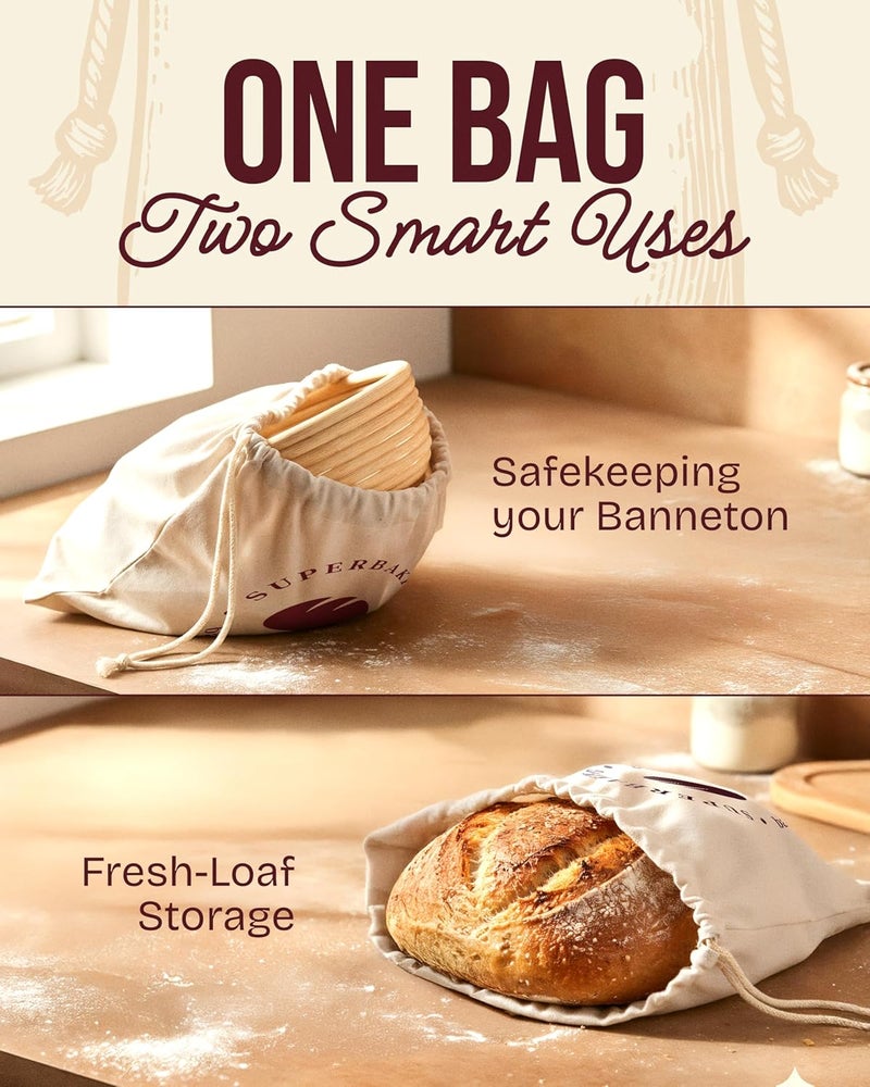 Superbaking Banneton Bread Proofing Basket Set of 2, 9" Splinter-Free Round Rattan Bread Basket with Liners, Sourdough Starter Kit, Sourdough Bread Baking Supplies & Sourdough Kit, Bread Making Tools - Image 4