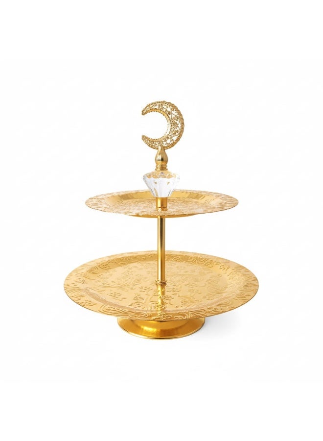 Luxury 2-Tier Golden Serving Stand Embossed Floral Design with Crystal Crescent Topper - Image 1