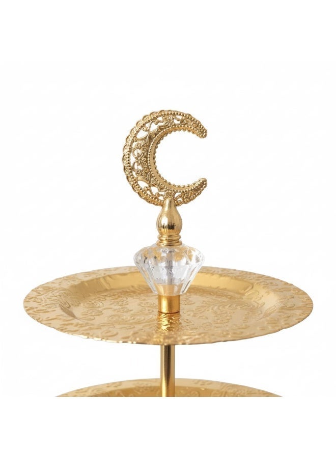 Luxury 2-Tier Golden Serving Stand Embossed Floral Design with Crystal Crescent Topper - Image 3