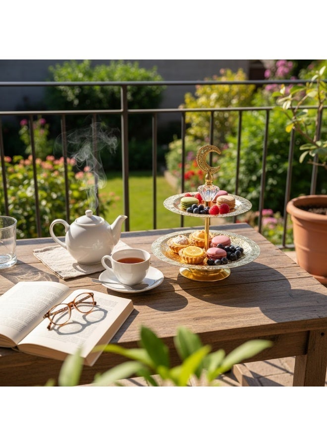 Luxury 2-Tier Golden Serving Stand Embossed Floral Design with Crystal Crescent Topper - Image 4