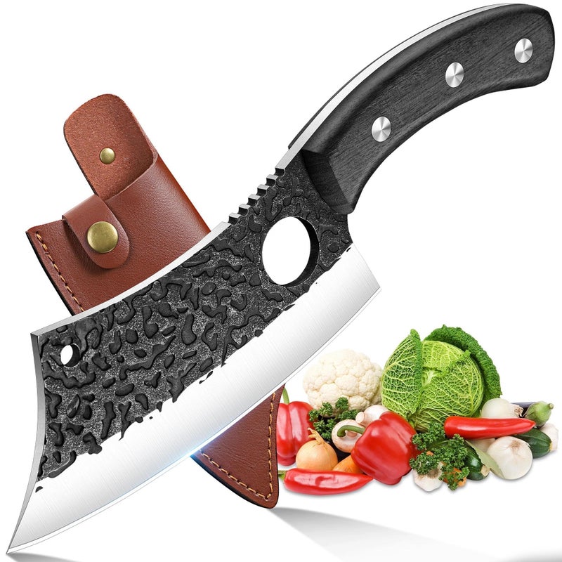 ROCOCO Meat Cleaver Butcher Knife - Sharp Full Tang Knife with Sheath for Home Outdoor BBQ Camping Mother Father Gift Idea Men Black 6.3" - Image 1