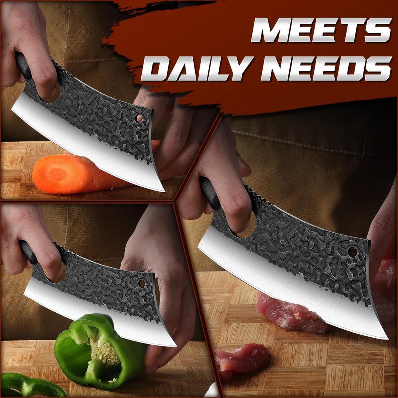 ROCOCO Meat Cleaver Butcher Knife - Sharp Full Tang Knife with Sheath for Home Outdoor BBQ Camping Mother Father Gift Idea Men Black 6.3" - Image 3
