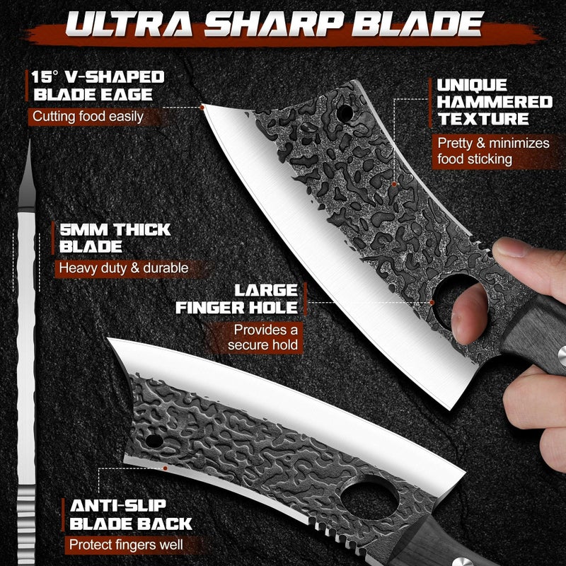ROCOCO Meat Cleaver Butcher Knife - Sharp Full Tang Knife with Sheath for Home Outdoor BBQ Camping Mother Father Gift Idea Men Black 6.3" - Image 4