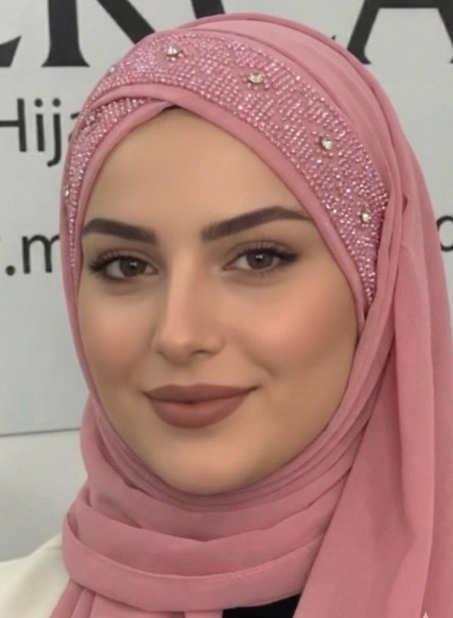 Criss Cross Chiffon Hijab With Stone Work Dark Pink Color Soft Lightweight Modest Fashion Head Scarf
