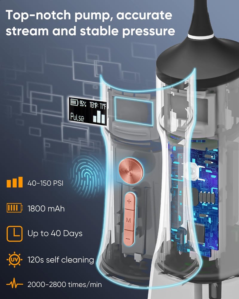 MySmile Powerful Cordless 350ML Water Dental Flosser Portable OLED Display Oral Irrigator with 5 Pressure Modes 8 Jet Tips and Storage Bag for Home Travel Use (Midnight Black) - Image 3