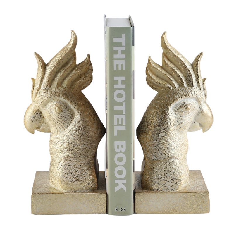 JOOMBE Golden Parrot Decorative Bookends,Set of 2 Cute Bird Animal Sculpture Book Ends to Hold Hevay Duty Books,Unique Resin Statues Book Stopper for Home Office Desk Bookshelf Decor - Image 1