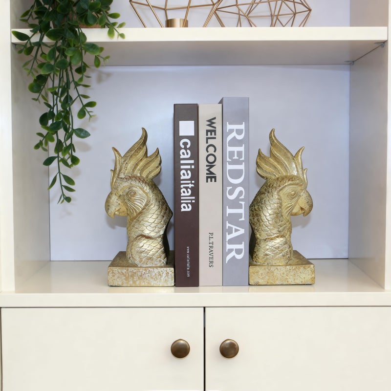 JOOMBE Golden Parrot Decorative Bookends,Set of 2 Cute Bird Animal Sculpture Book Ends to Hold Hevay Duty Books,Unique Resin Statues Book Stopper for Home Office Desk Bookshelf Decor - Image 2