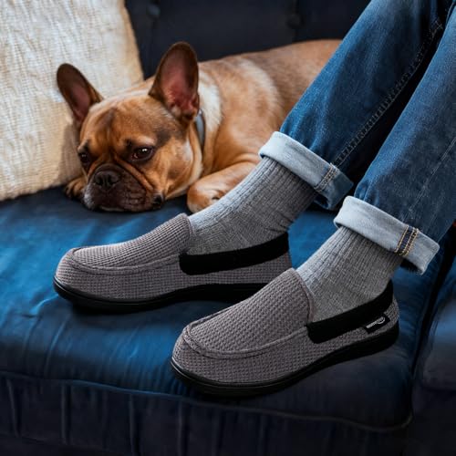 HomeTop Men's Comfort Memory Foam Moccasin Slippers, Breathable Cotton Knit Terry Cloth House Shoes for Indoor Outdoor (10 D(M) US, Dark Gray) - Image 2