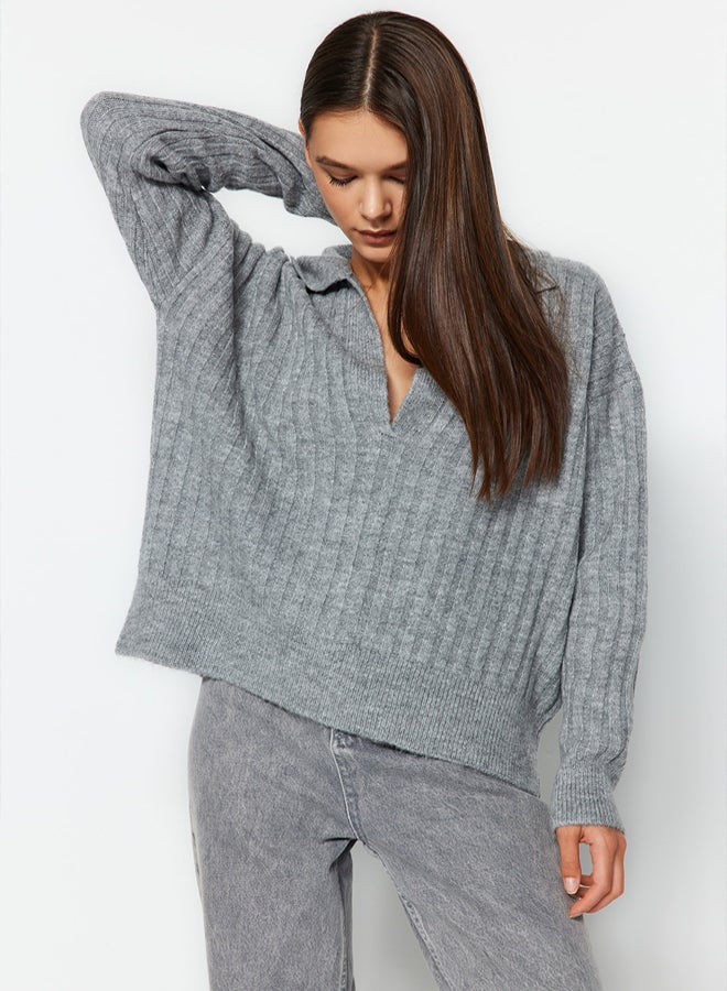 trendyol Gray Soft Textured Polo Neck Knitwear Sweater - Image 2