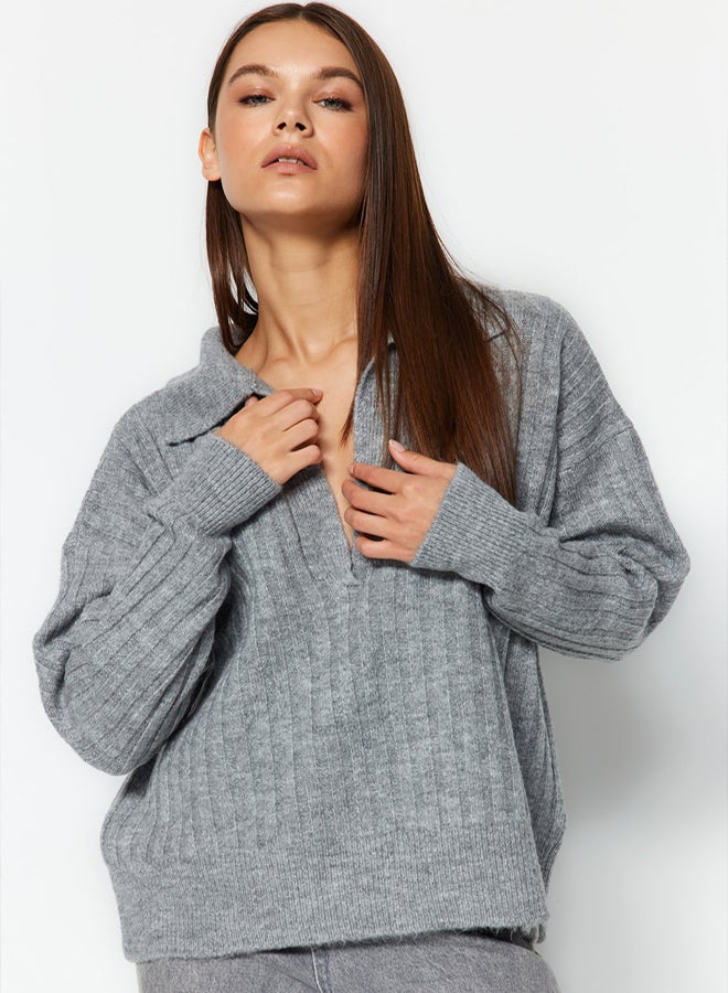 trendyol Gray Soft Textured Polo Neck Knitwear Sweater - Image 3
