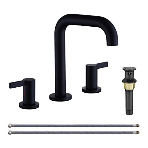 RKF Bathroom Faucets for Sink 3 Hole Black 8 Inch Widespread Bathroom Sink Faucet with Drain Bouble Lever Handle Faucet Vanity CWF028-MB - Image 1