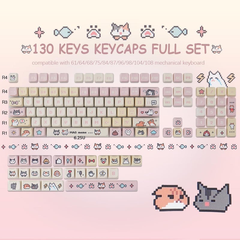 TYRIXKI PBT Keycaps 132 Keys Pixel Cat Keycaps Dye-Sublimation Cute Keycap Mao Profile Custom Keycap for Cherry Gateron MX Swithes Mechanical Gaming Keyboards - Image 2