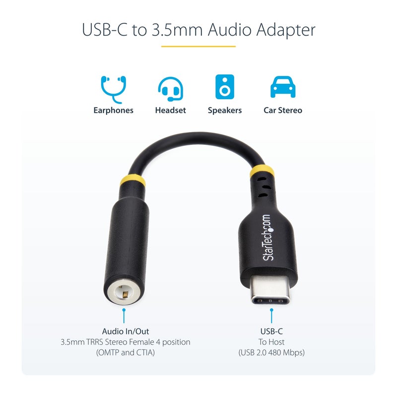 StarTech.com 5in (12.7cm) USB-C to 3.5mm TRRS Headphone/Headset Jack Audio Adapter, 32-bit DAC, USB C Aux Dongle for PC/Phone - Image 2