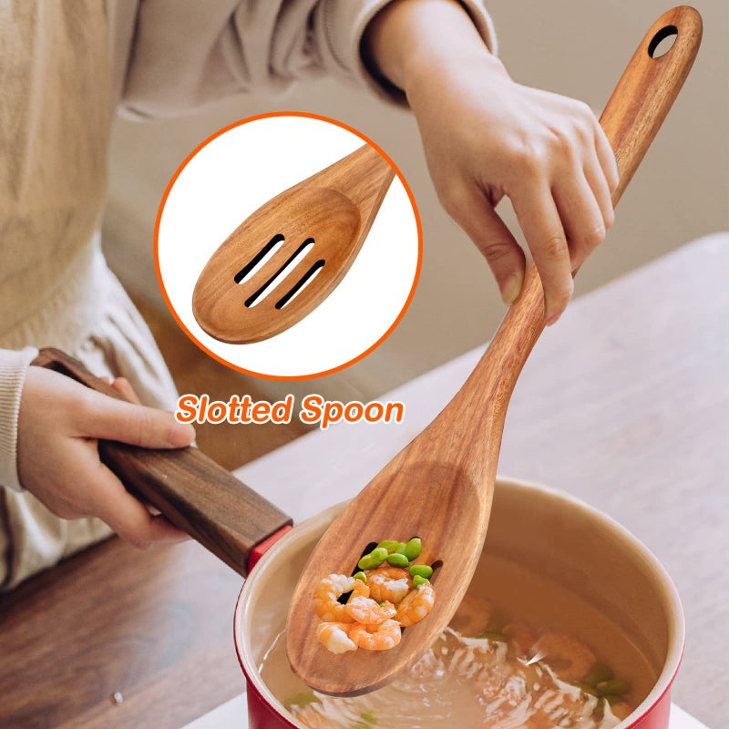 Renawe 4-Piece 14" Large Acacia Wood Utensils Set for Cooking Spatula Wooden Kitchen Utensil Non Toxic Spoon Slotted Turner Best Long Spatula for Kitchen Use Tools Cooking Utensils Mixing Serving Spoons - Image 4