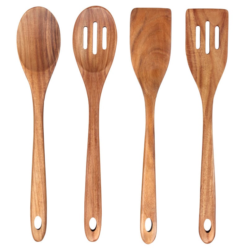 Renawe 4-Piece 14" Large Acacia Wood Utensils Set for Cooking Spatula Wooden Kitchen Utensil Non Toxic Spoon Slotted Turner Best Long Spatula for Kitchen Use Tools Cooking Utensils Mixing Serving Spoons - Image 1