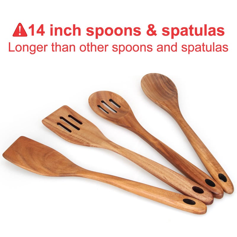 Renawe 4-Piece 14" Large Acacia Wood Utensils Set for Cooking Spatula Wooden Kitchen Utensil Non Toxic Spoon Slotted Turner Best Long Spatula for Kitchen Use Tools Cooking Utensils Mixing Serving Spoons - Image 2