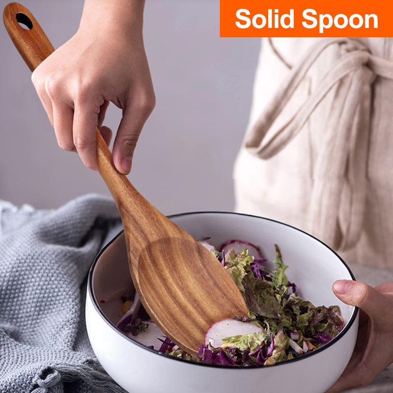 Renawe 4-Piece 14" Large Acacia Wood Utensils Set for Cooking Spatula Wooden Kitchen Utensil Non Toxic Spoon Slotted Turner Best Long Spatula for Kitchen Use Tools Cooking Utensils Mixing Serving Spoons - Image 3