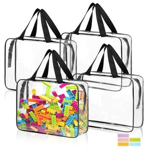 MOWPOG 4 Pack Toy Storage Bags Clear PVC Toy Organizer with Zipper Large Black Waterproof Reusable Toy Bags with Labels for Puzzles Building Blocks Board Game Stationery Kids Books - Image 1