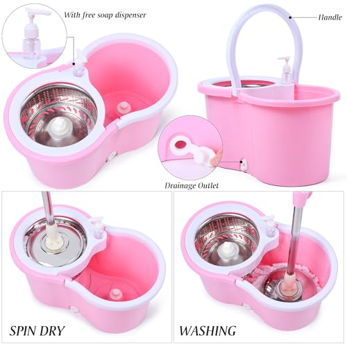 Eleckey Cute Pink Mop and Bucket Set with 3 Extra Refills (Pink) - Image 3