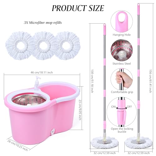 Eleckey Cute Pink Mop and Bucket Set with 3 Extra Refills (Pink) - Image 5
