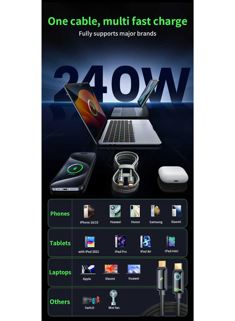 ترانيوو كابل شحن ونقل بيانات TRANYOO بقوة 240 واط من النوع C إلى النوع C مع شاشة عرض رقمية، كابل شحن سريع لأجهزة Apple وSamsung وGoogle وغيرها، أسود - Image 4
