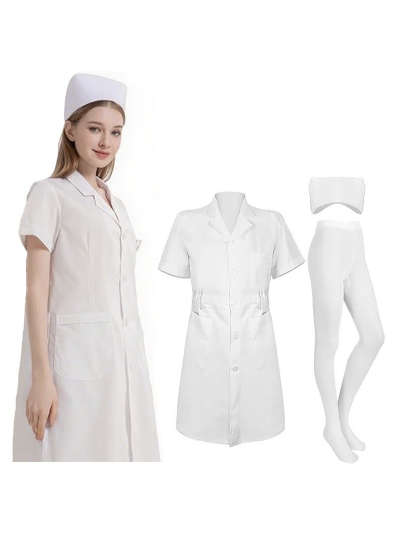 Apustim Professional Nurse Clothes Set，Women's Short Sleeve Medical Lab Coat Nurse Cap with Foot Pantyhose Nurse Uniform，Role Play（White） - Image 1