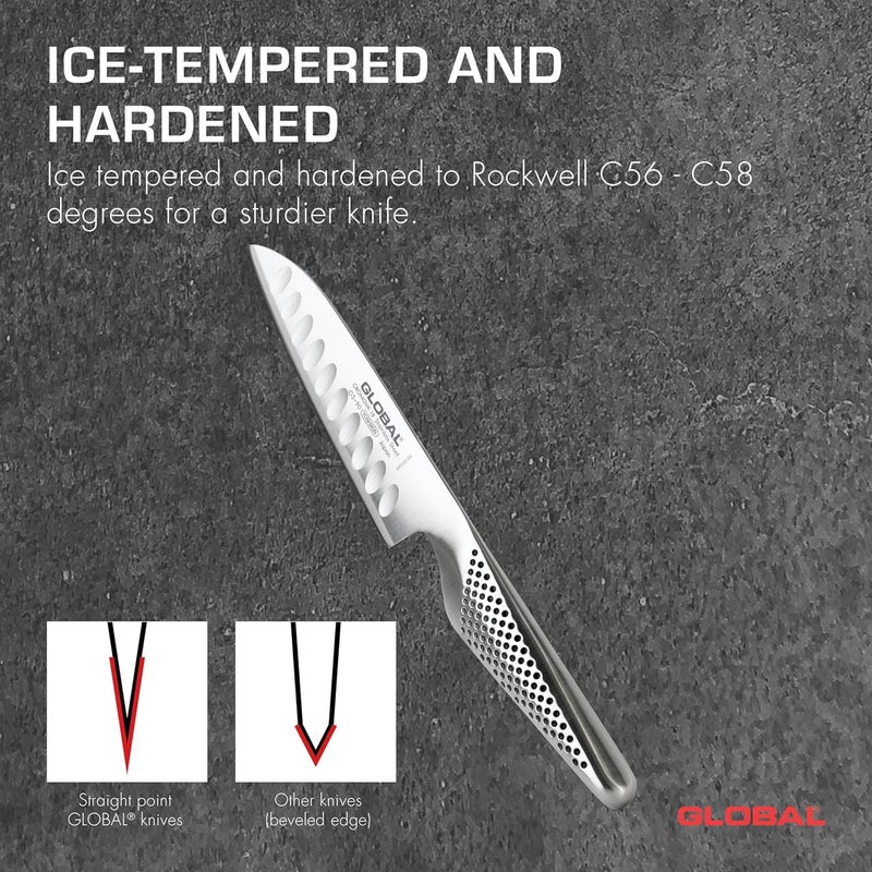 GLOBAL سكين سانتوكو مجوفة 5 بوصة - خفيفة الوزن من الفولاذ المقاوم للصدأ الياباني، حافة حادة كالشفرات، مصنوعة في اليابان، GS-90 - Image 4