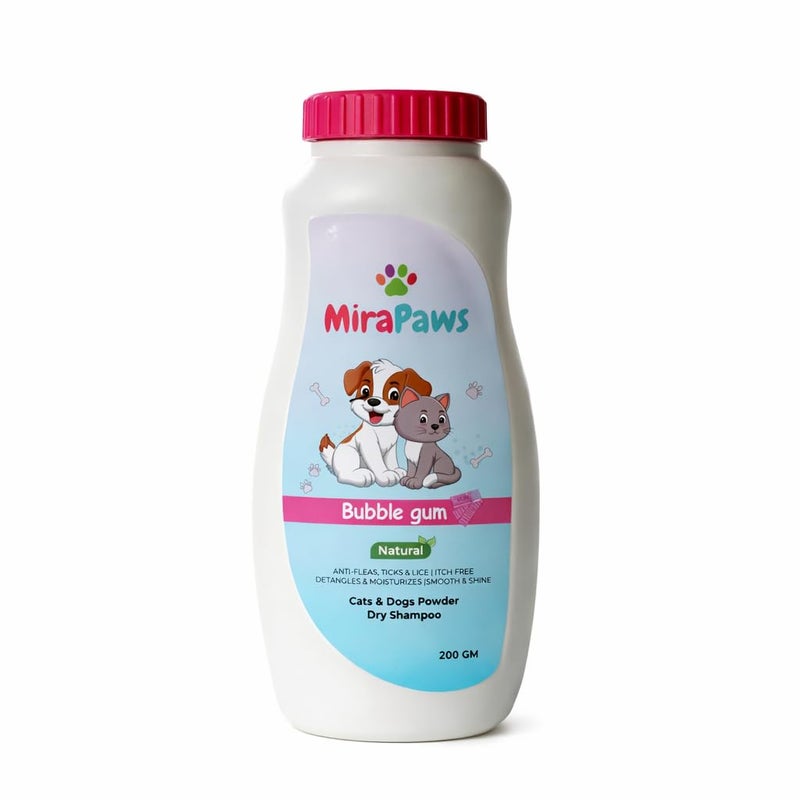 MiraPaws Natural Cats & Dogs Powder Dry Shampoo | Anti-Fleas, Ticks & Lice | Detangles & Moisturizes 200 gm (Bubble gum)