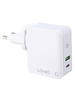 إل دينو شاحن سريع للسفر LDNIO A4403C مع كابل من Type C إلى Lightning ومنافذ USB/Type C  - أبيض  - Image 1