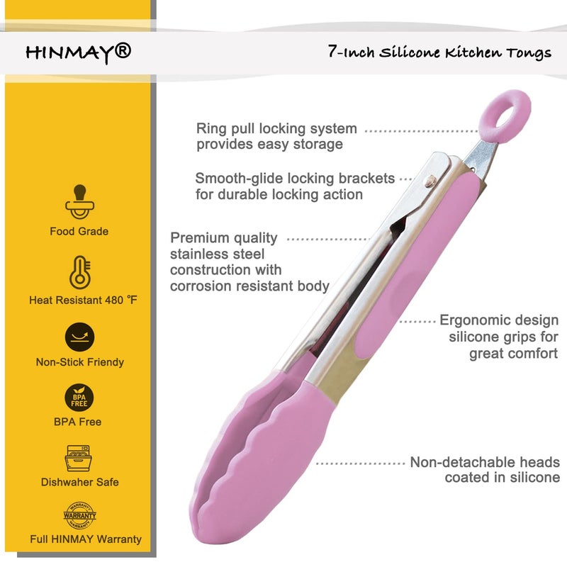Hinmay Small Serving Tongs With Silicone Tips 7-Inch Mini Tongs Set Of 3 (Pink) - Image 2