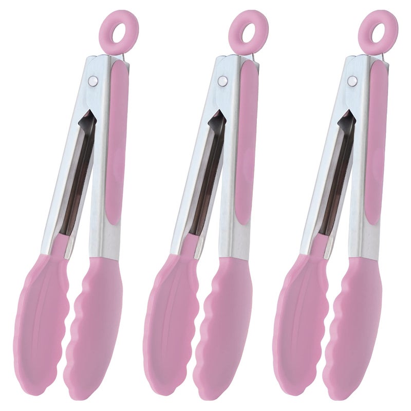 Hinmay Small Serving Tongs With Silicone Tips 7-Inch Mini Tongs Set Of 3 (Pink) - Image 1