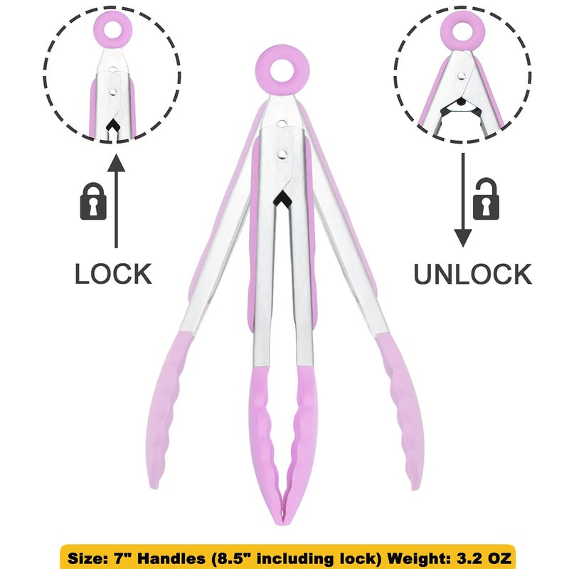 Hinmay Small Serving Tongs With Silicone Tips 7-Inch Mini Tongs Set Of 3 (Pink) - Image 3