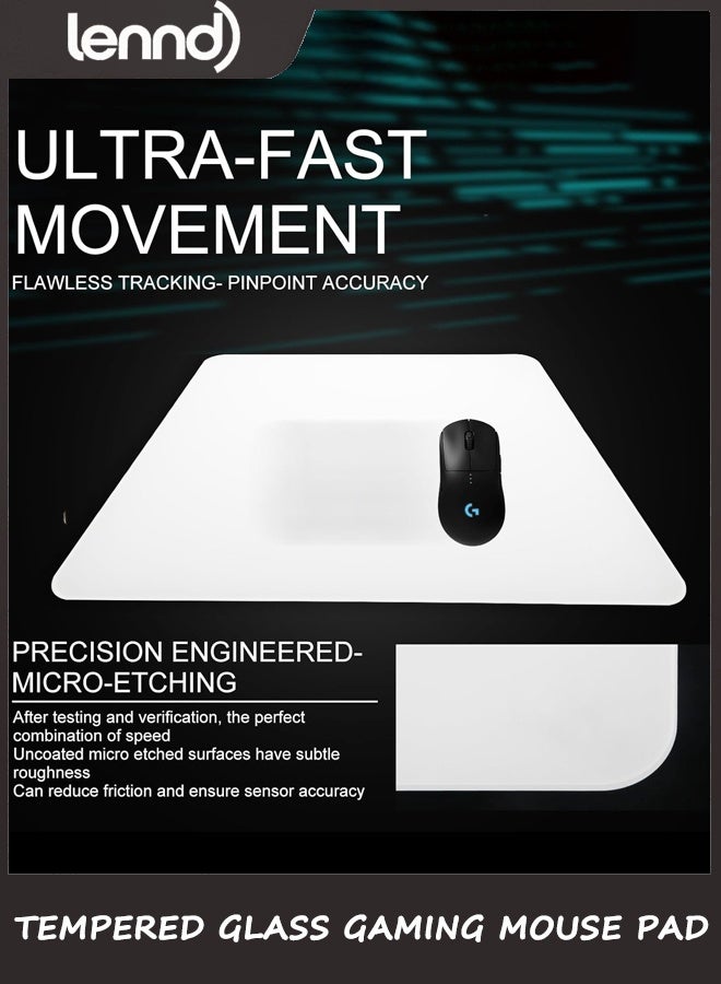 لينند لوحة ماوس ألعاب من الزجاج المقسّى، لوحة ماوس احترافية للرياضات الإلكترونية مع سطح فائق النعومة محفور بدقة وقاعدة سيليكون مانعة للانزلاق للسرعة والتحكم، لون أبيض/مقاس 32 سم × 36 سم - Image 4