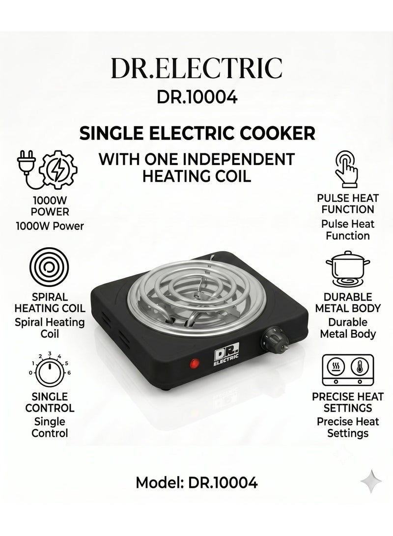 DR.ELECTRIC Electric Hob 1000W, Spiral, Single Eye, Black, DR.10004 - Image 1