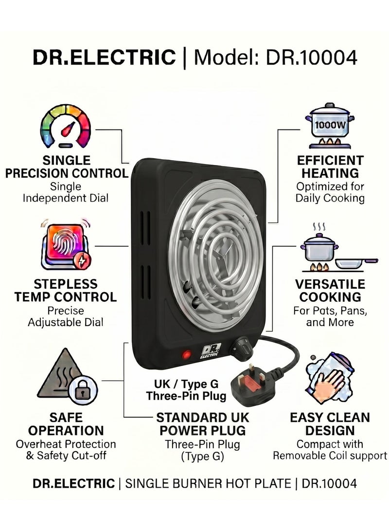 DR.ELECTRIC Electric Hob 1000W, Spiral, Single Eye, Black, DR.10004 - Image 5