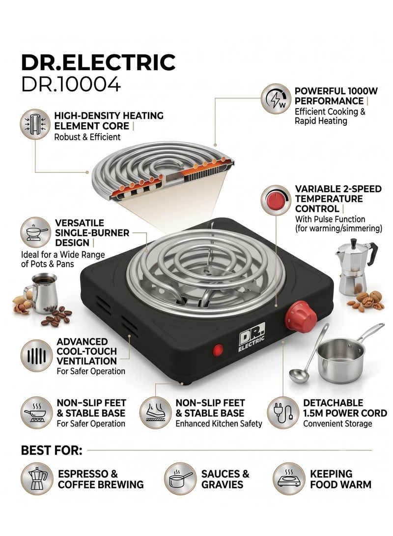 DR.ELECTRIC Electric Hob 1000W, Spiral, Single Eye, Black, DR.10004 - Image 4