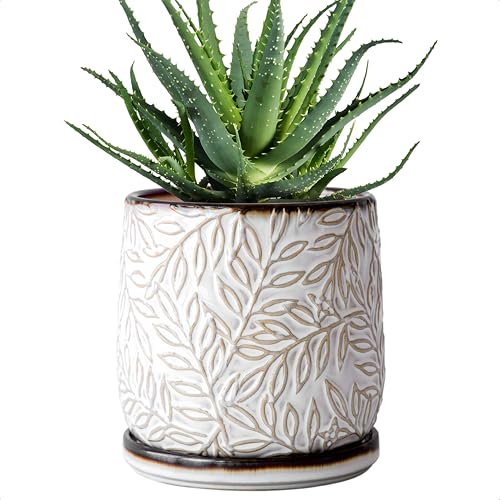 D'vine Dev 6 Inch Embossed Leaves Stoneware Planter Pot with Drainage Hole and Saucer, Smoked White, Set of 1, 27-A-X-1 - Image 1