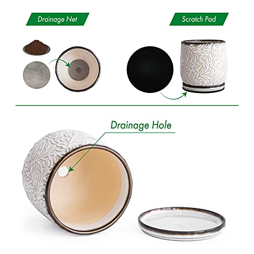 D'vine Dev 6 Inch Embossed Leaves Stoneware Planter Pot with Drainage Hole and Saucer, Smoked White, Set of 1, 27-A-X-1 - Image 4