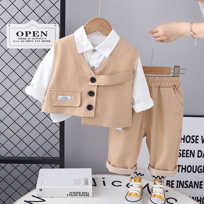 Foreign Trade Childrens Wear Boys Autumn Three-Piece Suit 2024 Childrens Long-Sleeved Vest Three-Piece Western Style Baby Boys Shirt Grey - Image 5