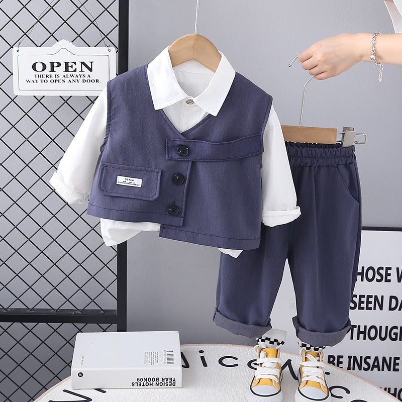 Foreign Trade Childrens Wear Boys Autumn Three-Piece Suit 2024 Childrens Long-Sleeved Vest Three-Piece Western Style Baby Boys Shirt Grey - Image 3