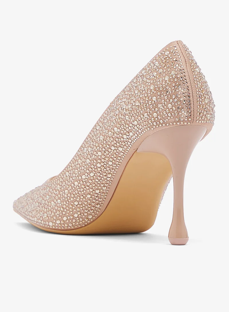 Ella Limited Edition Gold Rhinestone Covered Statement Mid Heel Pumps for Women | Best Price UAE