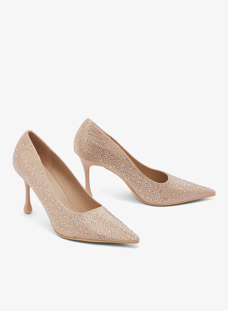 Ella Limited Edition Gold Rhinestone Covered Statement Mid Heel Pumps for Women | Best Price UAE
