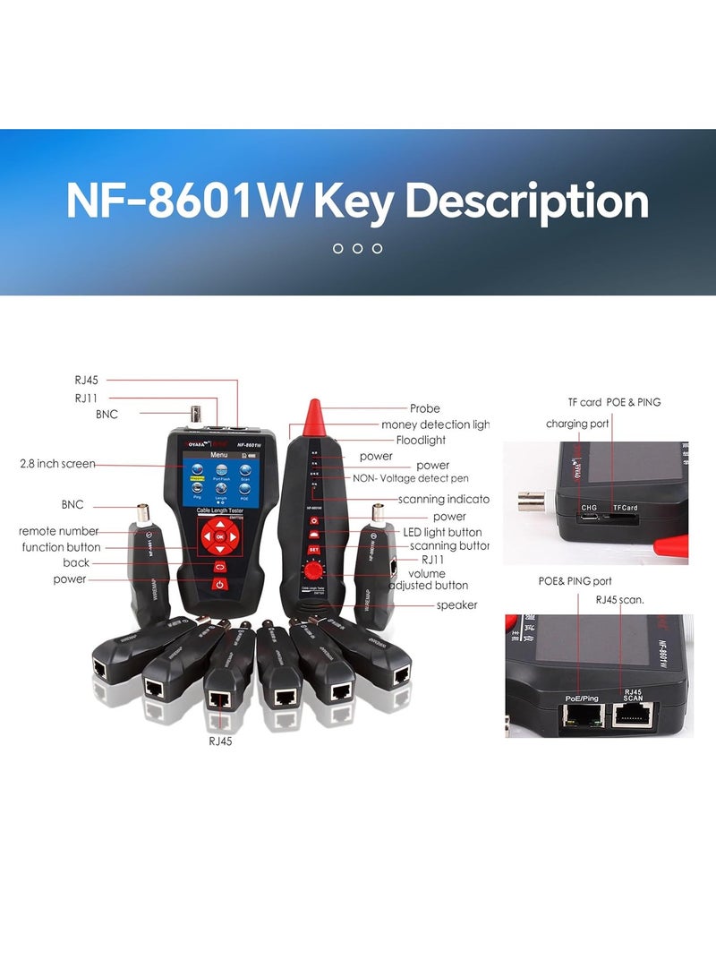 نويافا جهاز اختبار كابلات الشبكة NF-8601W، جهاز اختبار كابلات إيثرنت LAN، جهاز تتبع النغمات التشخيصية RJ45 UTP STP، جهاز اختبار طول كابلات الشبكة لـ RJ45، RJ11، BNC، PING/POE 8، جهاز تتبع أسلاك الهاتف  - Image 5