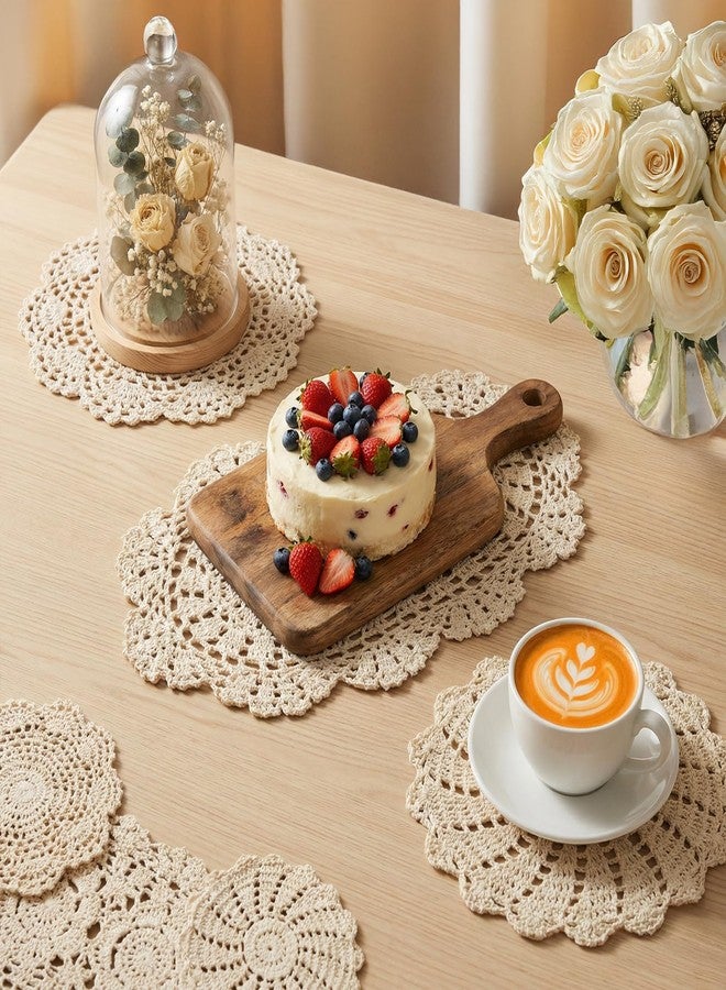 LUSTRIB 3PCS Handmade Crochet Cotton Lace Doilies for Table, Vintage French Crochet Lace Doilies 7 to 13 Inch Embroidered Oval & Round Table Mats Placemats for Dining Tea Party Wedding Home Decoration (Beige) - Image 5