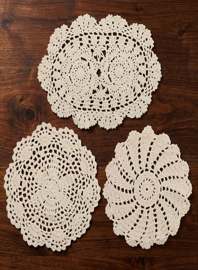 LUSTRIB 3PCS Handmade Crochet Cotton Lace Doilies for Table, Vintage French Crochet Lace Doilies 7 to 13 Inch Embroidered Oval & Round Table Mats Placemats for Dining Tea Party Wedding Home Decoration (Beige) - Image 1