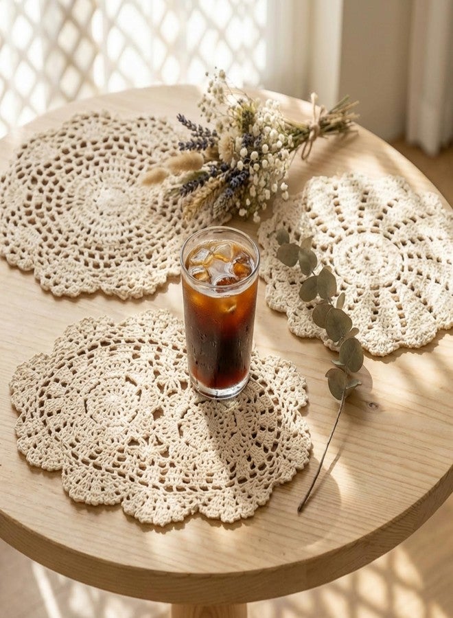 LUSTRIB 3PCS Handmade Crochet Cotton Lace Doilies for Table, Vintage French Crochet Lace Doilies 7 to 13 Inch Embroidered Oval & Round Table Mats Placemats for Dining Tea Party Wedding Home Decoration (Beige) - Image 4