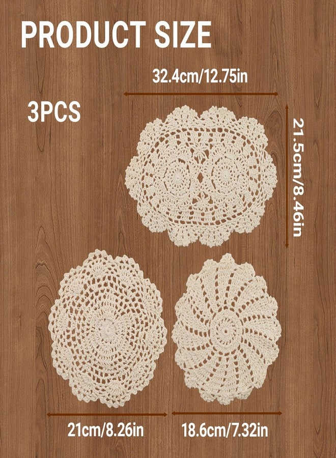 LUSTRIB 3PCS Handmade Crochet Cotton Lace Doilies for Table, Vintage French Crochet Lace Doilies 7 to 13 Inch Embroidered Oval & Round Table Mats Placemats for Dining Tea Party Wedding Home Decoration (Beige) - Image 2