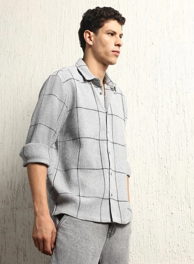 Hubberholme Grey Men's Grey Cotton Blend Checkered Button Down Oversized Shirt for Men | Best Price UAE