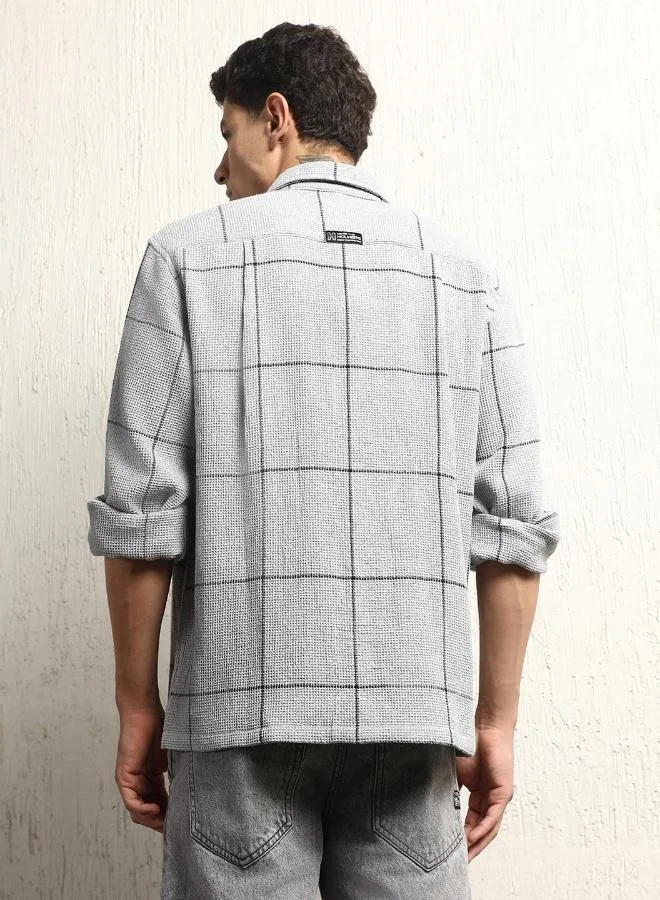 Hubberholme Grey Men's Grey Cotton Blend Checkered Button Down Oversized Shirt for Men | Best Price UAE