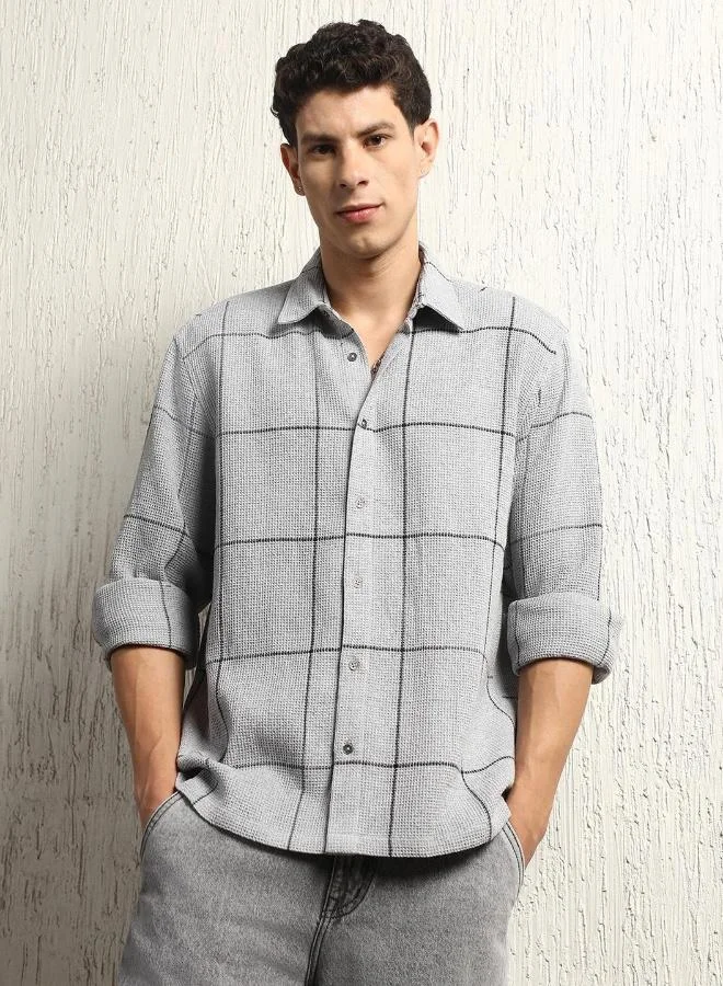 Hubberholme Men's Grey Cotton Blend Checkered Button Down Oversized Shirt